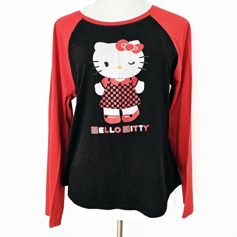 Hello Kitty Juniors XL Black Red Baseball Pajama Top 10s Y2K